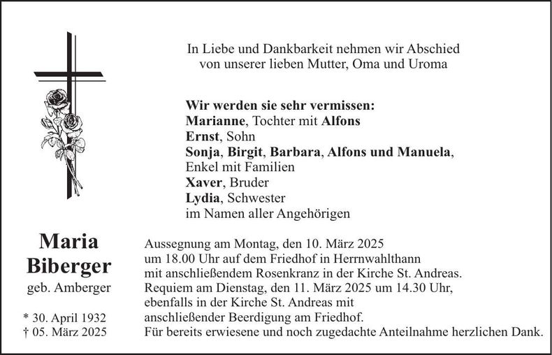 Traueranzeige Maria Biberger