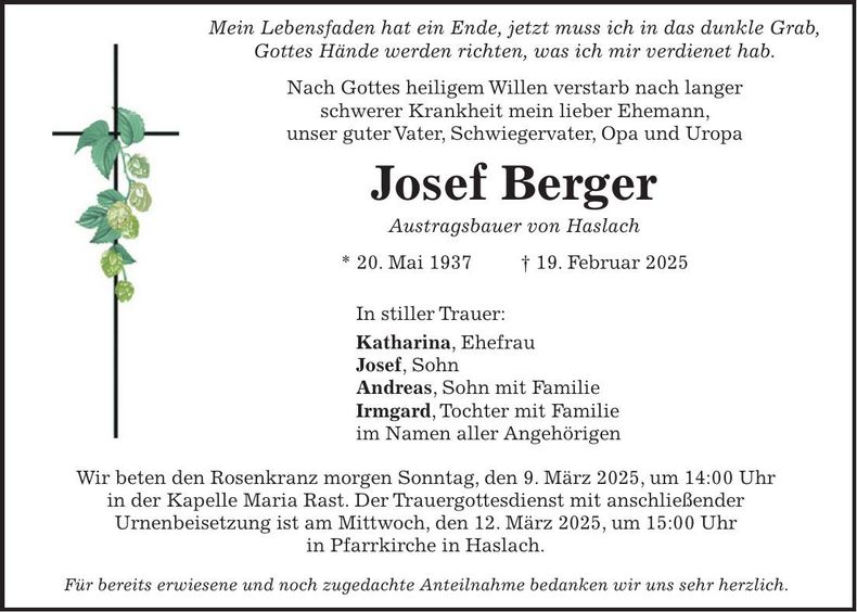 Traueranzeige Josef Berger