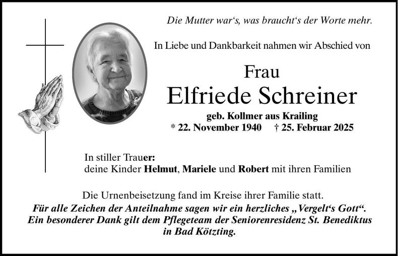 Traueranzeige Elfriede Schreiner