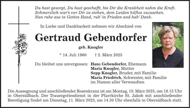 Traueranzeige Gertraud Gebendorfer