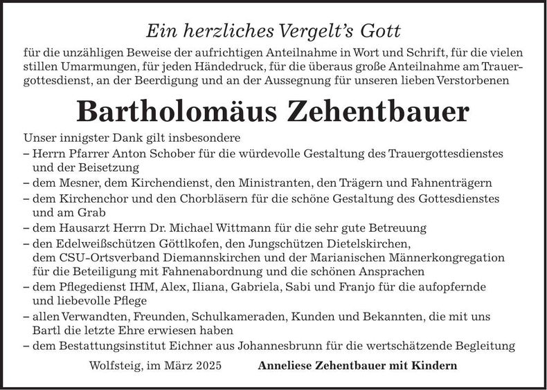 Traueranzeige Bartholomäus Zehentbauer