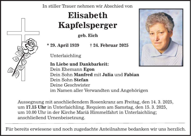 Traueranzeige Elisabeth Kapfelsperger