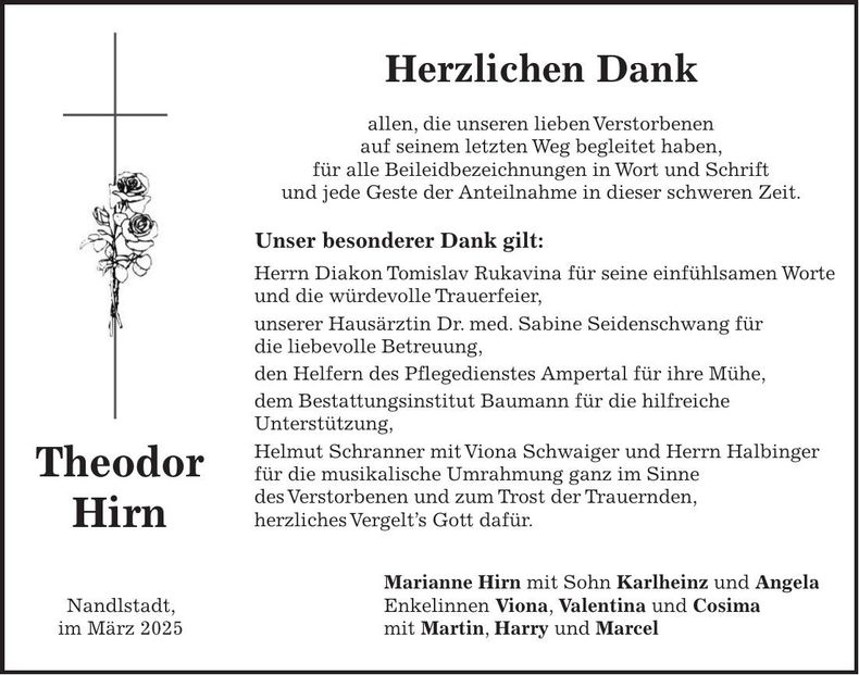 Traueranzeige Theodor Hirn