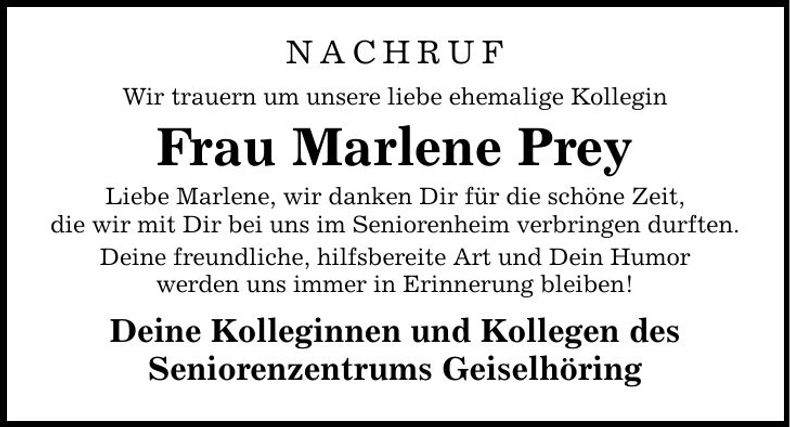 Traueranzeige Marlene Prey