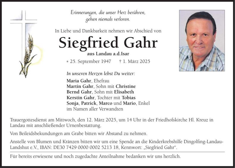 Traueranzeige Siegfried Gahr