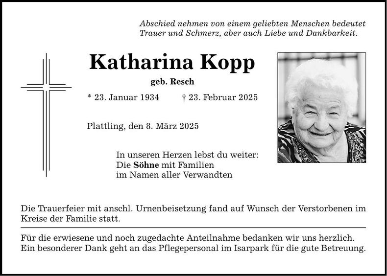 Traueranzeige Katharina Kopp