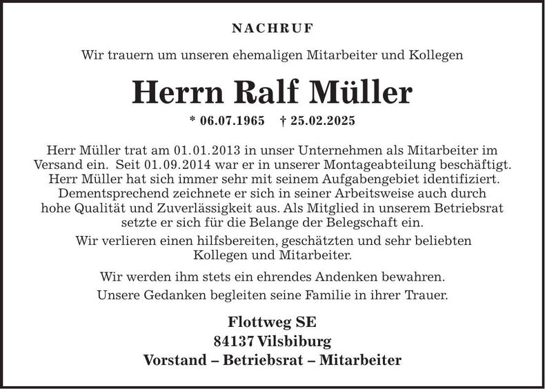 Traueranzeige Ralf Müller