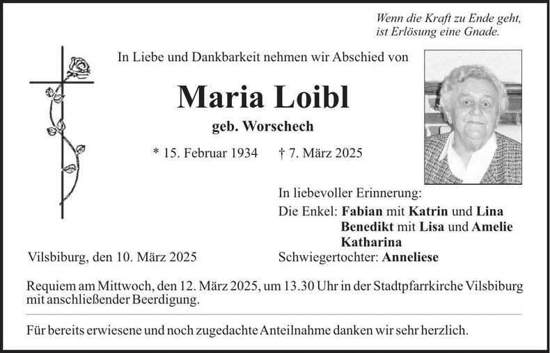 Traueranzeige Maria Loibl