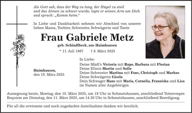 Traueranzeige Gabriele Metz