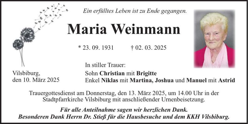 Traueranzeige Maria Weinmann