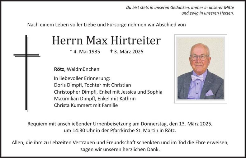 Traueranzeige Max Hirtreiter