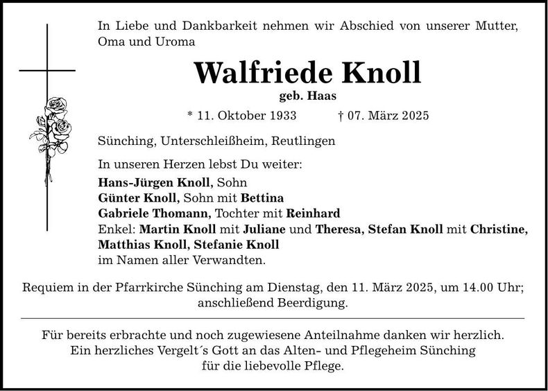Traueranzeige Walfriede Knoll
