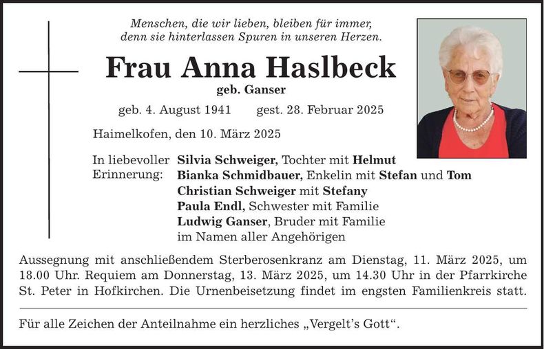 Traueranzeige Anna Haslbeck