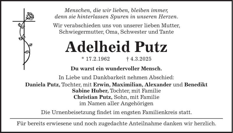 Traueranzeige Adelheid Putz