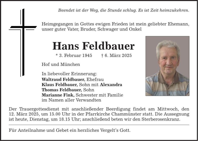 Traueranzeige Hans Feldbauer