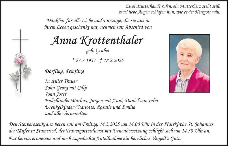 Traueranzeige Anna Krottenthaler