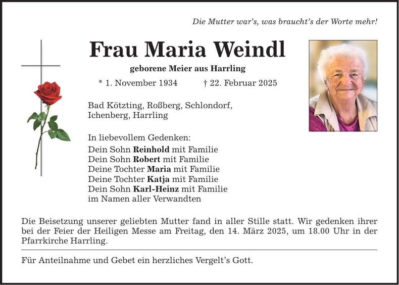 Traueranzeige Maria Weindl