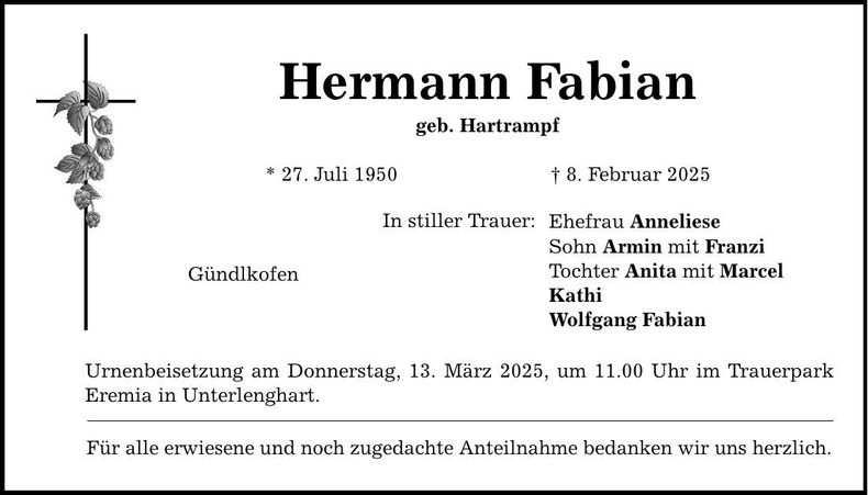 Traueranzeige Hermann Fabian