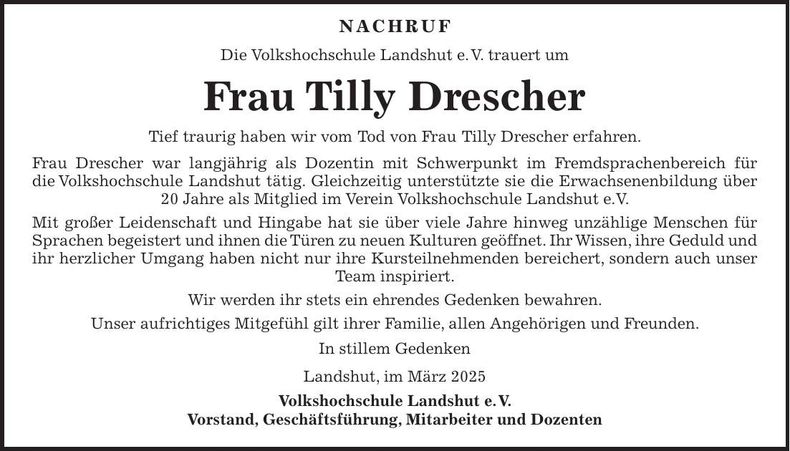 Traueranzeige Tilly Drescher