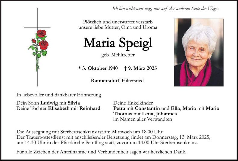 Traueranzeige Maria Speigl