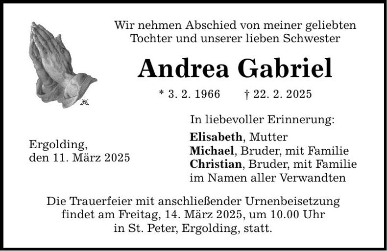 Traueranzeige Andrea Gabriel
