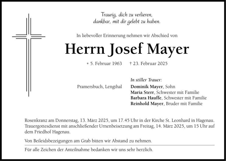 Traueranzeige Josef Mayer