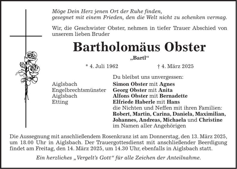Traueranzeige Bartholomäus Obster