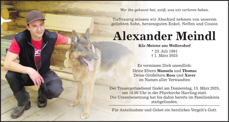 Traueranzeige Alexander Meindl