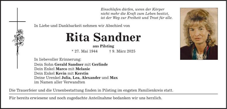 Traueranzeige Rita Sandner
