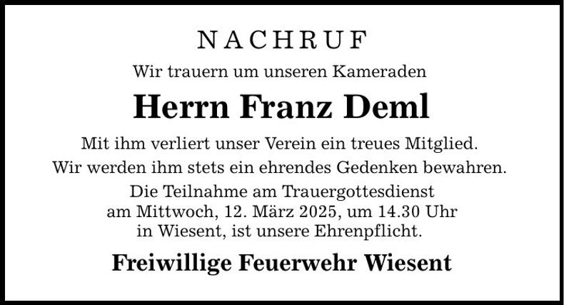 Traueranzeige Franz Deml