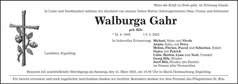 Traueranzeige Walburga Gahr