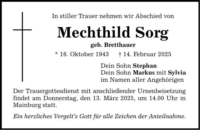 Traueranzeige Mechthild Sorg