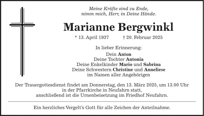 Traueranzeige Marianne Bergwinkl