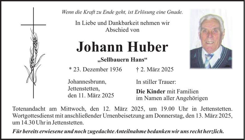 Traueranzeige Johann Huber