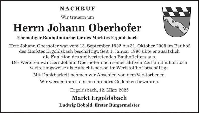 Traueranzeige Johann Oberhofer