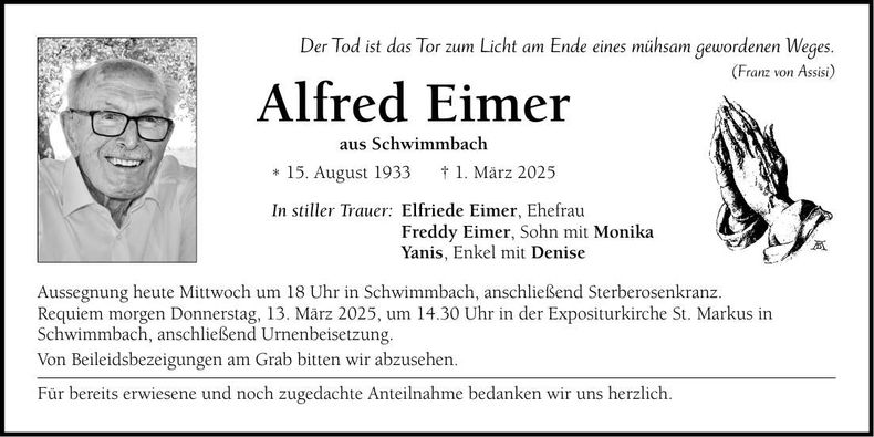 Traueranzeige Alfred Eimer