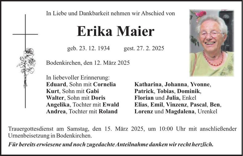 Traueranzeige Erika Maier