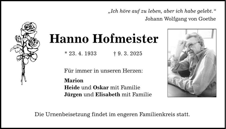 Traueranzeige Hanno Hofmeister