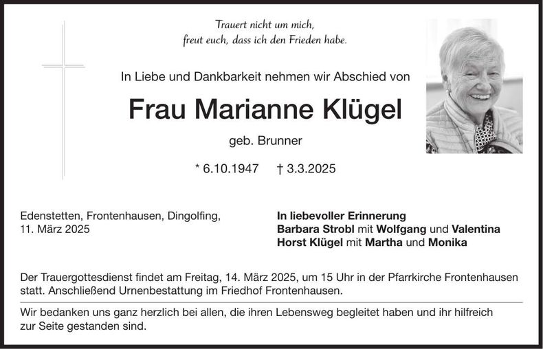 Traueranzeige Marianne Klügel