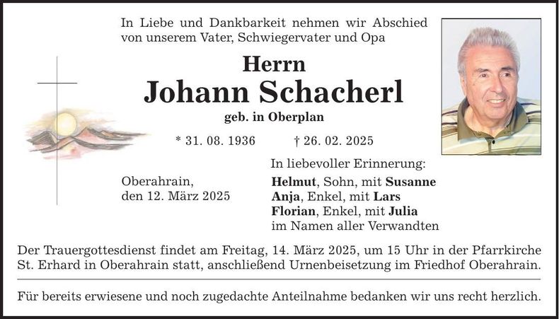 Traueranzeige Johann Schacherl