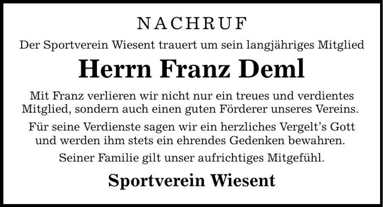 Traueranzeige Franz Deml