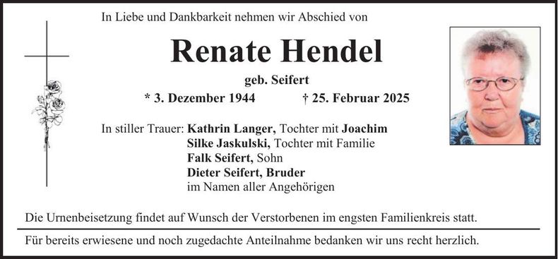 Traueranzeige Renate Hendel