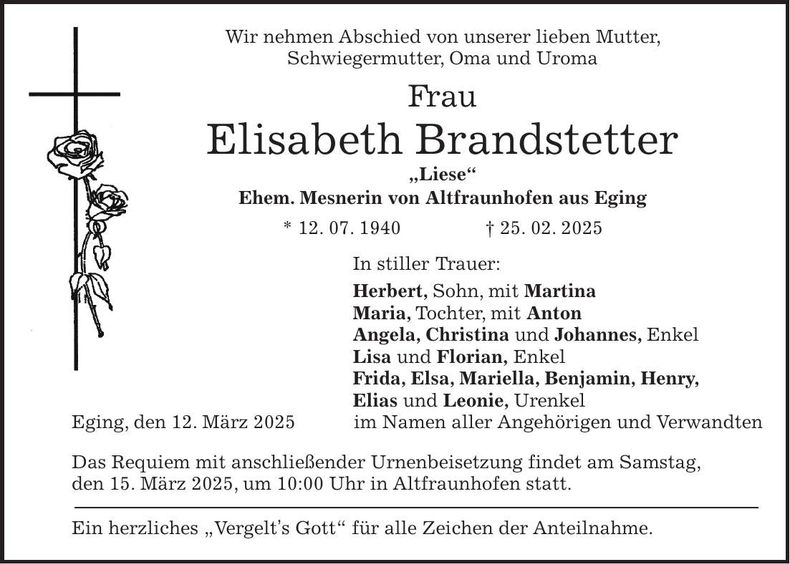 Traueranzeige Elisabeth Brandstetter