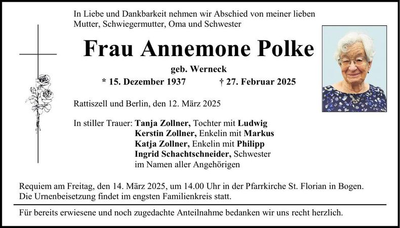 Traueranzeige Annemone Polke