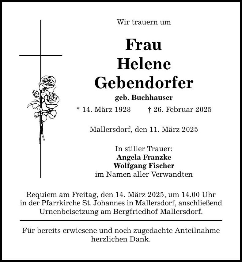 Traueranzeige Helene Gebendorfer