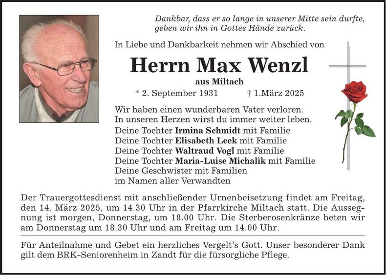 Traueranzeige Max Wenzl
