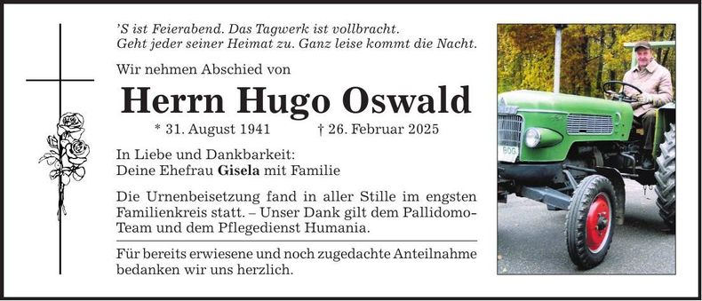 Traueranzeige Hugo Oswald