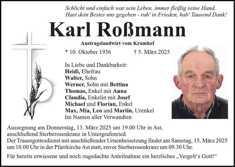 Traueranzeige Karl Roßmann