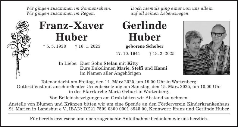 Traueranzeige Franz-Xaver und Gerlinde Huber