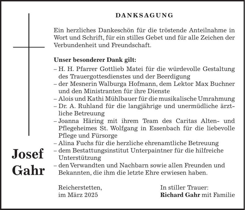 Traueranzeige Josef Gahr